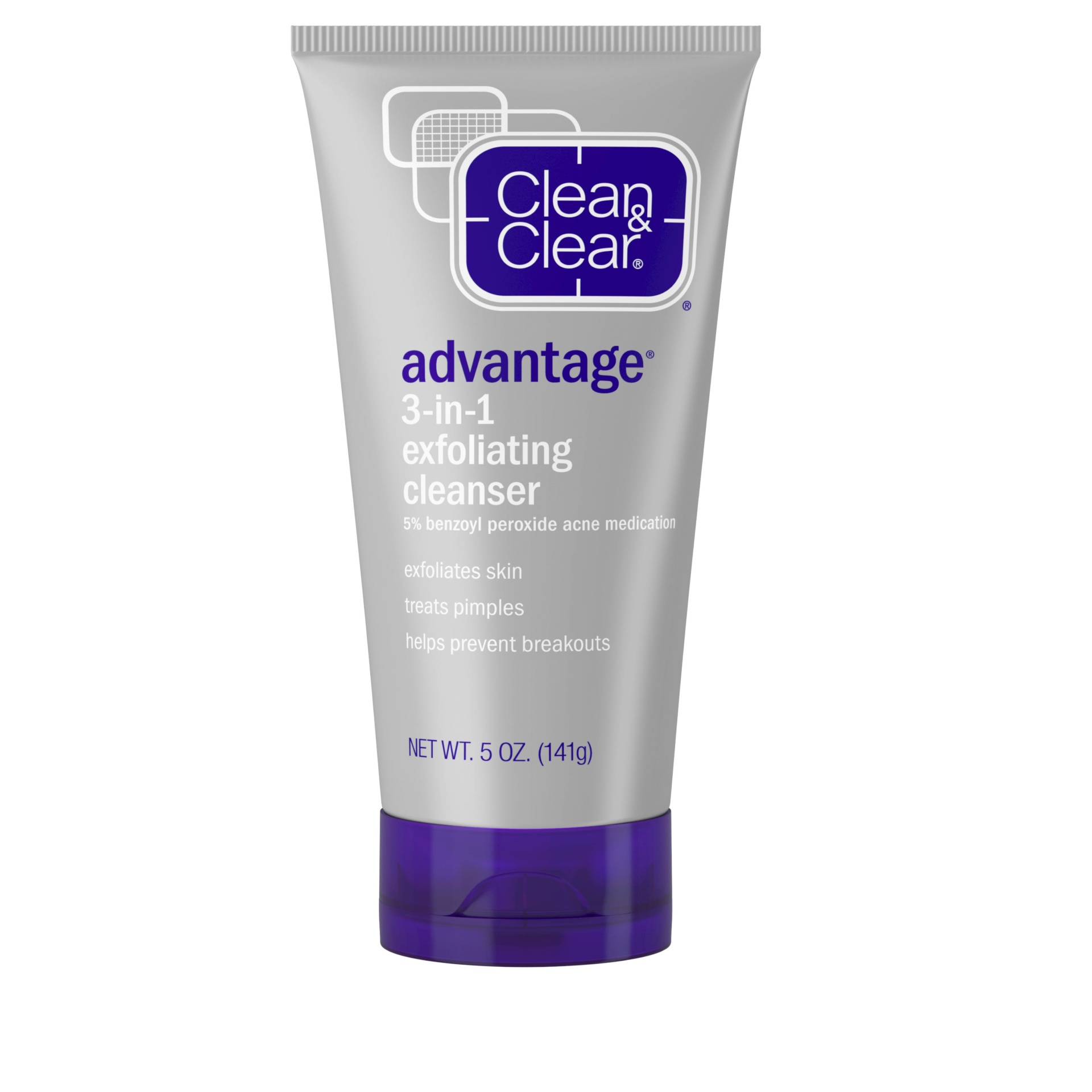 slide 1 of 1, Clean & Clear Advantage 3-In-1 Daily Exfoliating Facial Cleanser with Benzoyl Peroxide Acne Medicine to Unclog Pores, Exfoliate Skin, Treat Pimples, & Prevent Breakouts, 5 oz