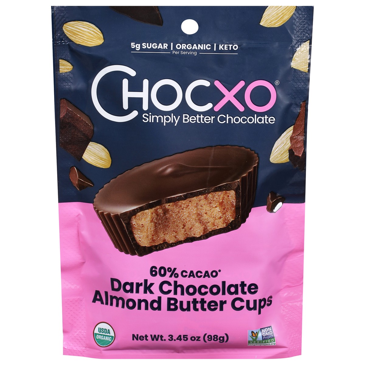 slide 1 of 12, ChocXO Dark Chocolate Almond Butter Cups, 3.45 oz