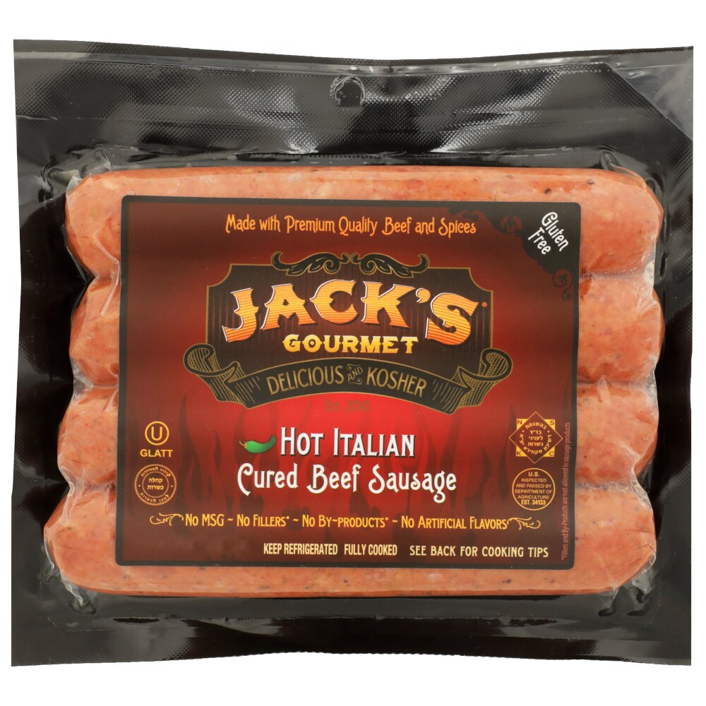 slide 1 of 8, Jack's Gourmet Kosher Spicy Hot Italian Cured Beef Sausage, 12 oz