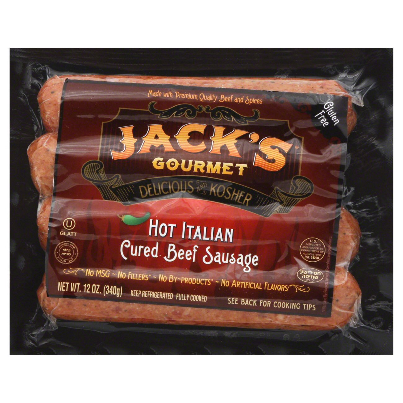 slide 1 of 8, Jack's Gourmet Kosher Spicy Hot Italian Cured Beef Sausage, 12 oz