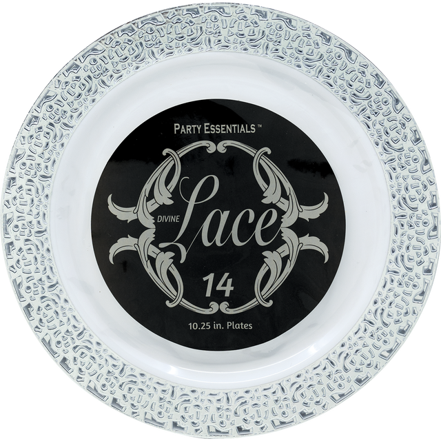 slide 1 of 1, 10.25" Lace Plate White W/ Silver E, 14 ct