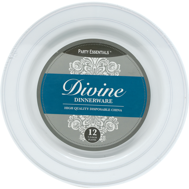 slide 1 of 1, 7.5"Divine Plates-White W/Silverrim, 12 ct