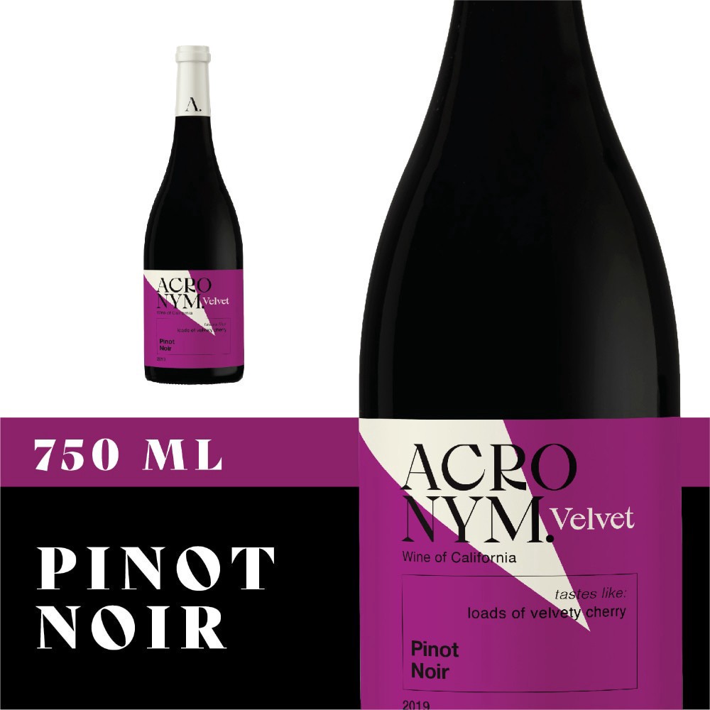 slide 5 of 5, Acronym Velvet Pinot Noir Red Wine, 750 ml