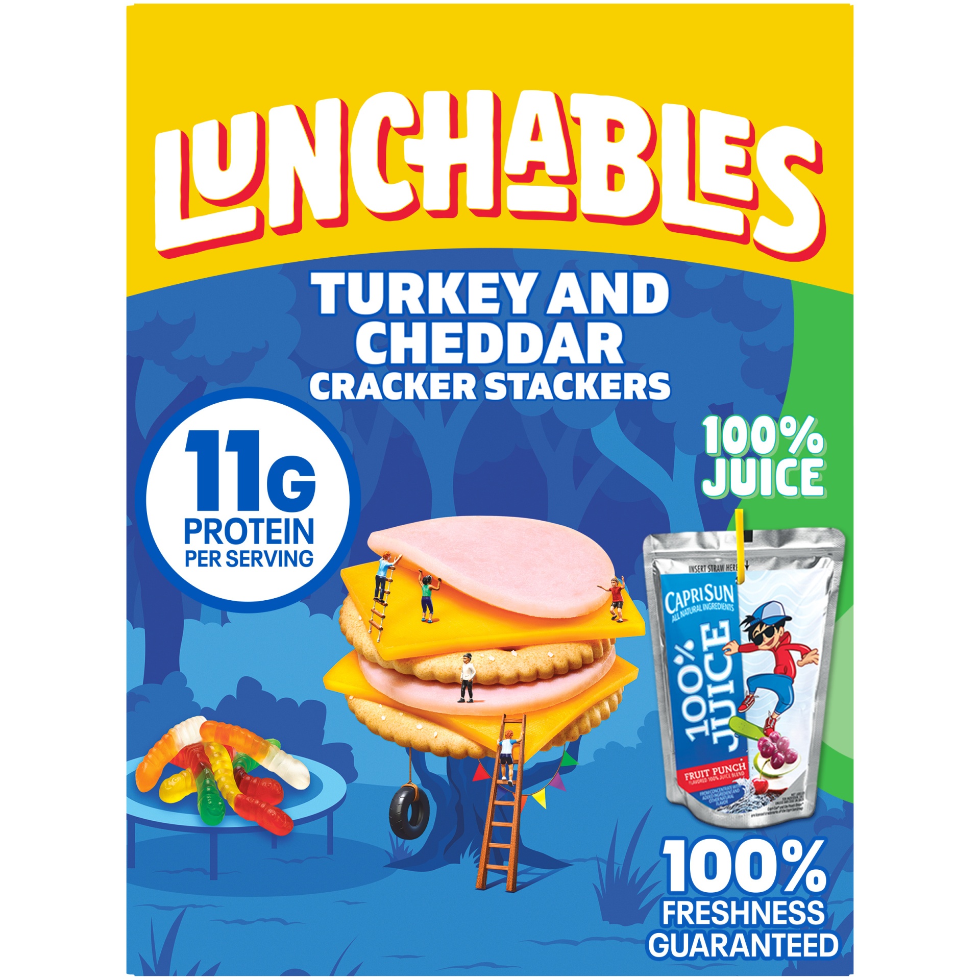 slide 1 of 6, Lunchables Turkey and Reduced Fat Cheddar Cracker Stackers with Gummy Worms and Capri Sun 100% Juice Fruit Punch, 9.2 oz Box, 