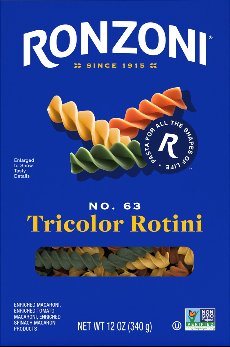 slide 3 of 9, Ronzoni Tricolor Rotini, 12 oz, Colorful Non-GMO Pasta Spirals, 12 oz