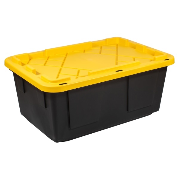 slide 1 of 1, Office Depot Brand Greenmade Poly Storage Tote With Handles/Snap Lid, 23 Gallon, 13-1/4"H X 20-1/2"W X 30-1/2"D, Black/Yellow, 1 ct