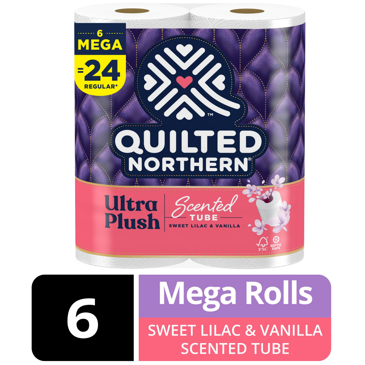slide 1 of 6, Quilted Northern Ultra Plush Toilet Paper With Sweet Lilac & Vanilla Scented Tube, 24 Mega Rolls, 161.50 FTK