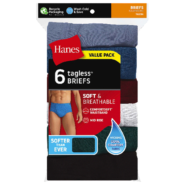 slide 1 of 1, Hanes Men's Mid Rise ComfortSoft Waistband Dyed Briefs, Large, 6 ct