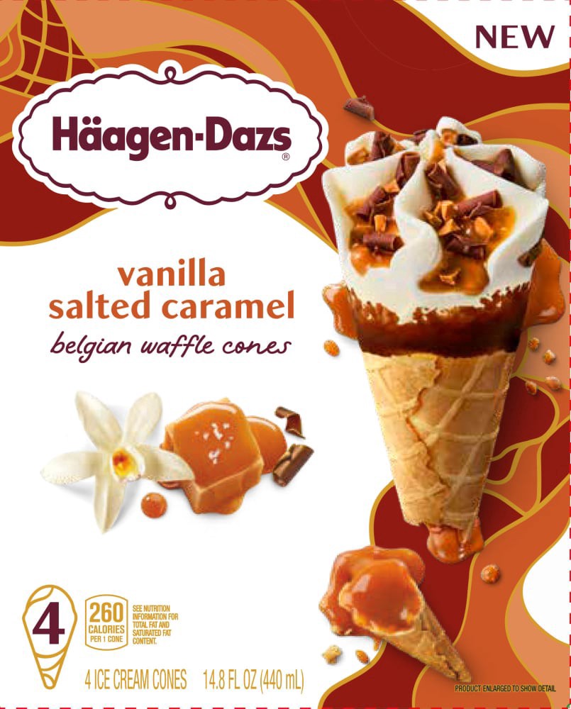 slide 1 of 4, Häagen-Dazs Vanilla Salted Caramel Belgium Waffle Cones 4 Ct 14.8 Oz, 4 ct