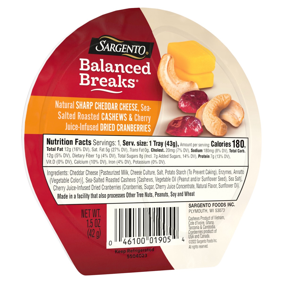 slide 6 of 9, Sargento Balanced Breaks Natural Sharp Cheddar Cheese, Sea-Salted Cashews and Cherry Juice-Infused Dried Cranberries, 1.5 oz Individual Pack, 1.5 oz