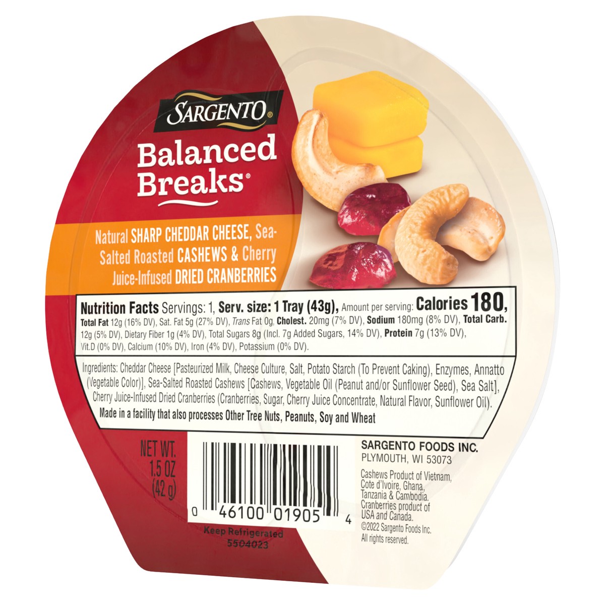 slide 8 of 9, Sargento Balanced Breaks Natural Sharp Cheddar Cheese, Sea-Salted Cashews and Cherry Juice-Infused Dried Cranberries, 1.5 oz Individual Pack, 1.5 oz