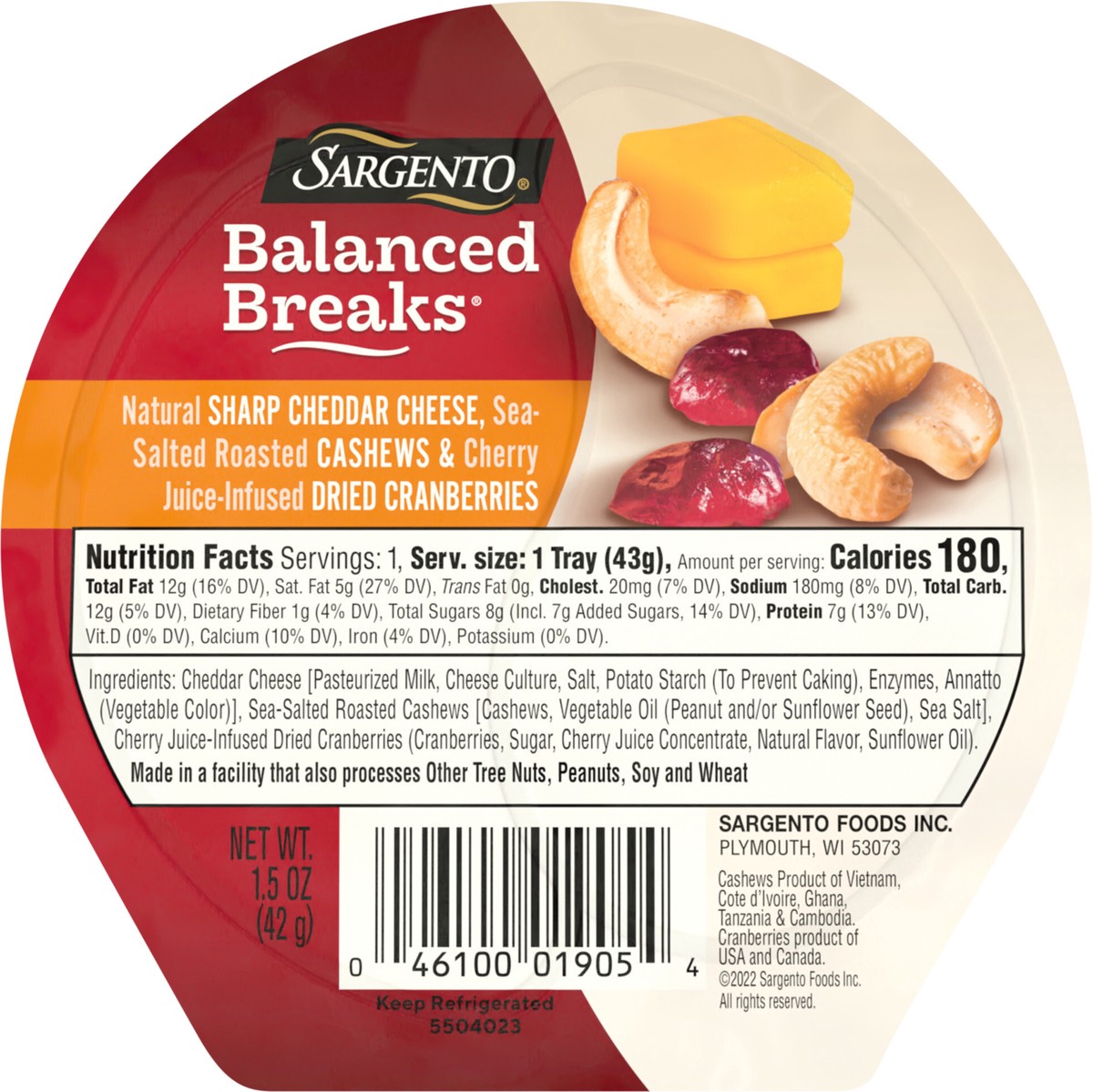 slide 2 of 9, Sargento Balanced Breaks Natural Sharp Cheddar Cheese, Sea-Salted Cashews and Cherry Juice-Infused Dried Cranberries, 1.5 oz Individual Pack, 1.5 oz