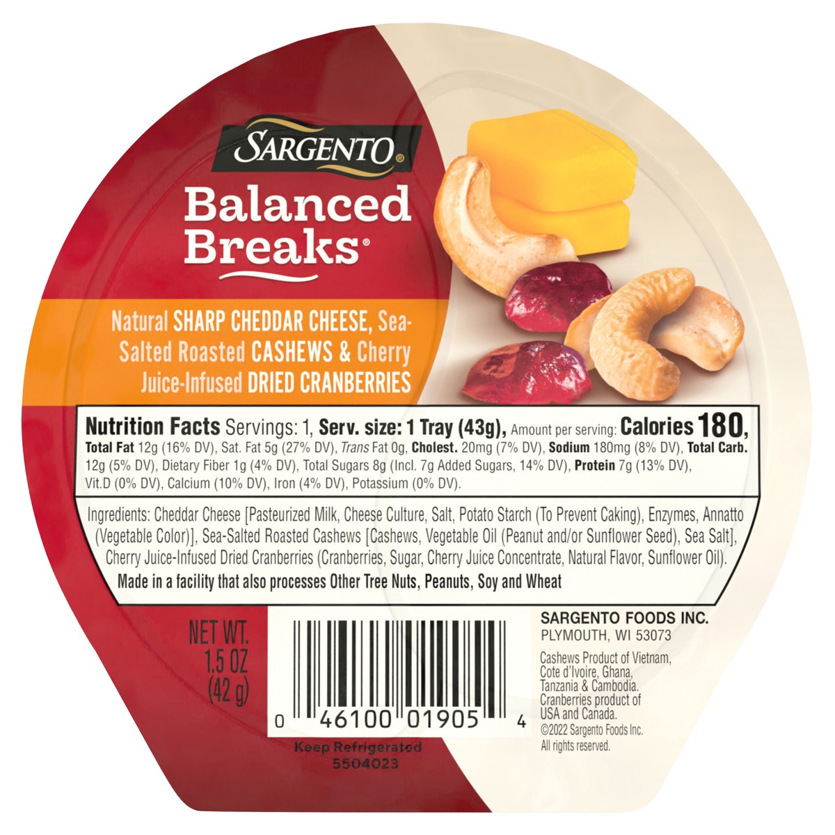 slide 1 of 9, Sargento Balanced Breaks Natural Sharp Cheddar Cheese, Sea-Salted Cashews and Cherry Juice-Infused Dried Cranberries, 1.5 oz Individual Pack, 1.5 oz