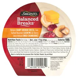 Sargento Balanced Breaks Natural Sharp Cheddar Cheese, Sea-Salted Cashews and Cherry Juice-Infused Dried Cranberries, 1.5 oz Individual Pack