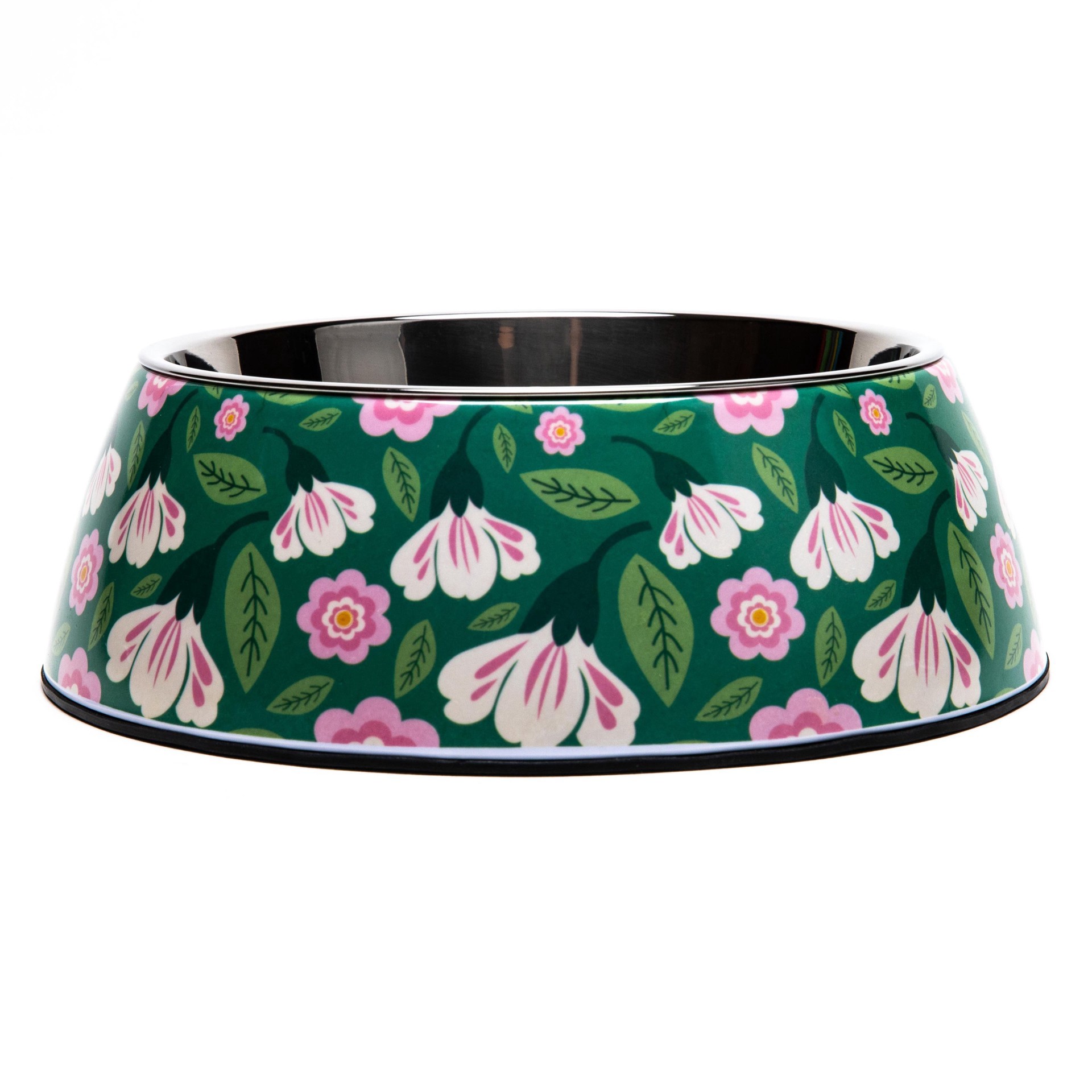 slide 1 of 1, Woof and Whiskers Melamine with Stainless Pet Bowl Green Floral, 1 ct