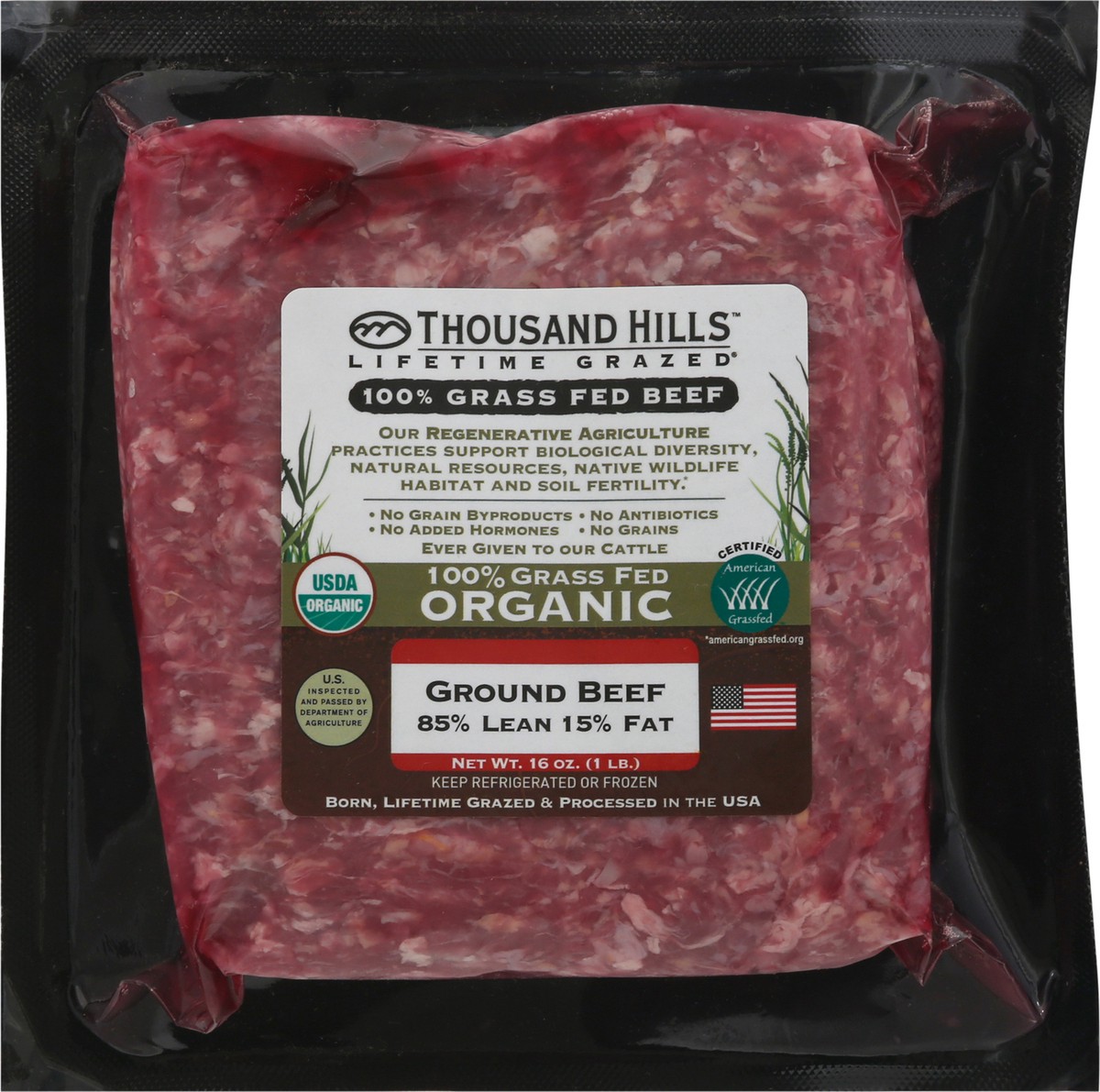 slide 1 of 13, Thousand Hills Lifetime Grazed 100% Grass Fed Organic 85%/15% Ground Beef 16 oz, 16 oz