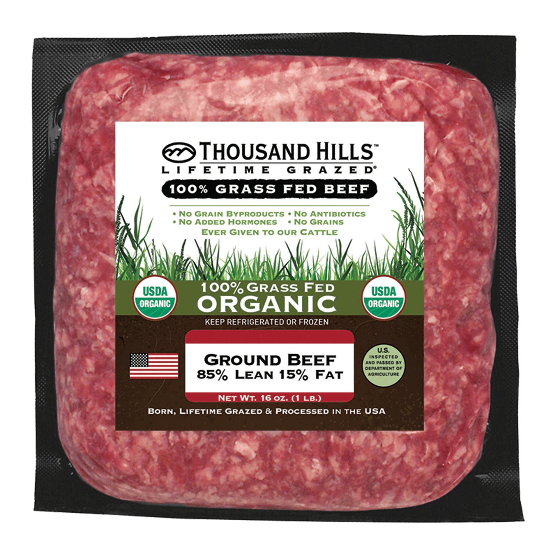 slide 1 of 1, Thousand Hills Lifetime Grazed 100% Grass Fed Organic 85%/15% Ground Beef 16 oz, 16 oz