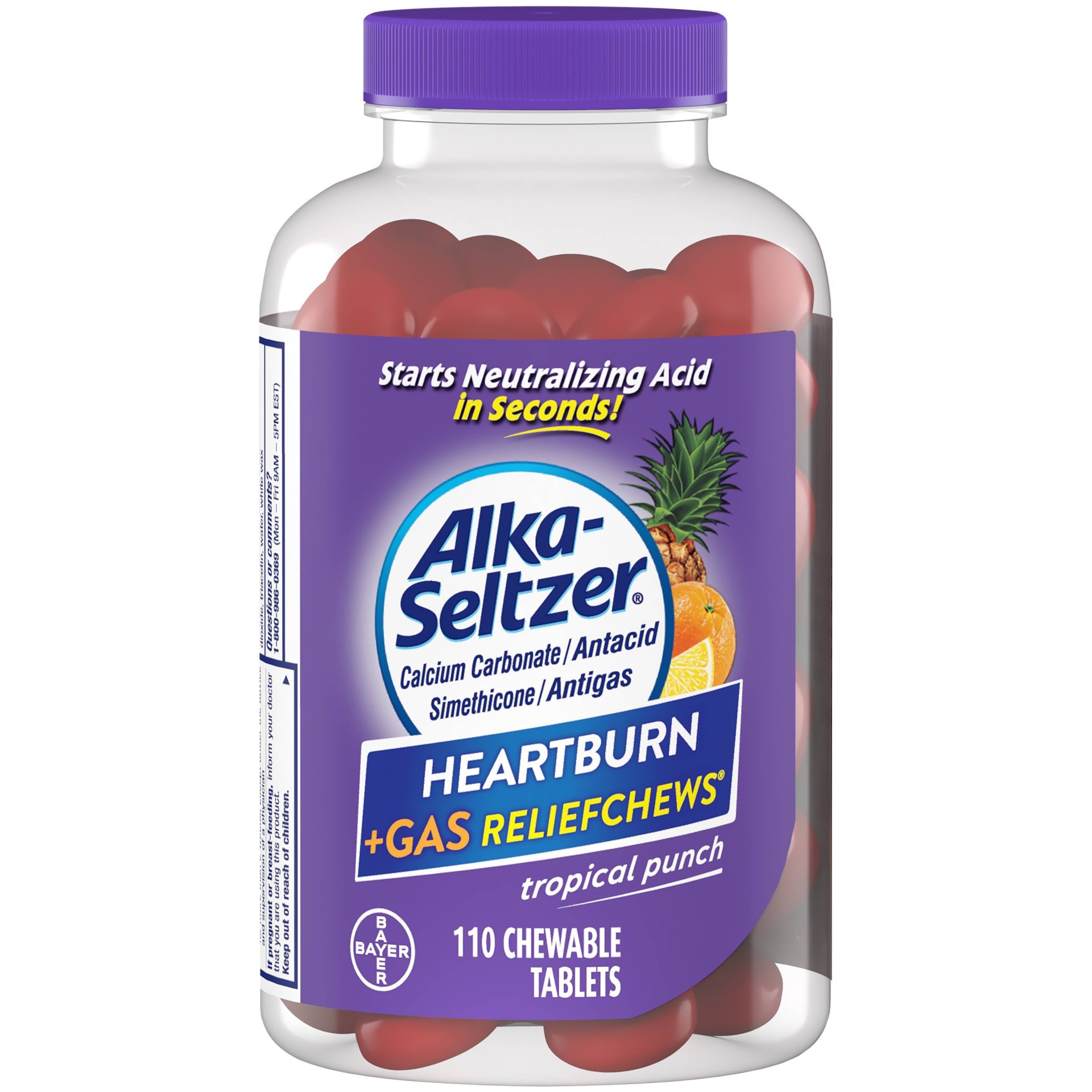 slide 1 of 1, Alka-Seltzer Heartburn + Gas Reliefchews Tropical Punch Chewable Tablets, 110 ct
