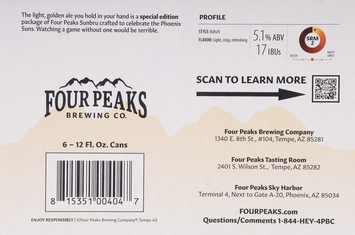 slide 9 of 9, Four Peaks Brewing Co. Kolsch-Style Ale Suns Bru Beer 6 - 12 fl oz Cans, 12 fl oz