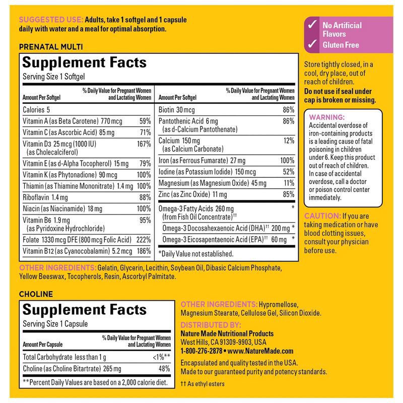 slide 2 of 9, Nature Made Prenatal Multivitamins + Choline Capsules, Folic Acid + DHA, 60 Count, 120 ct