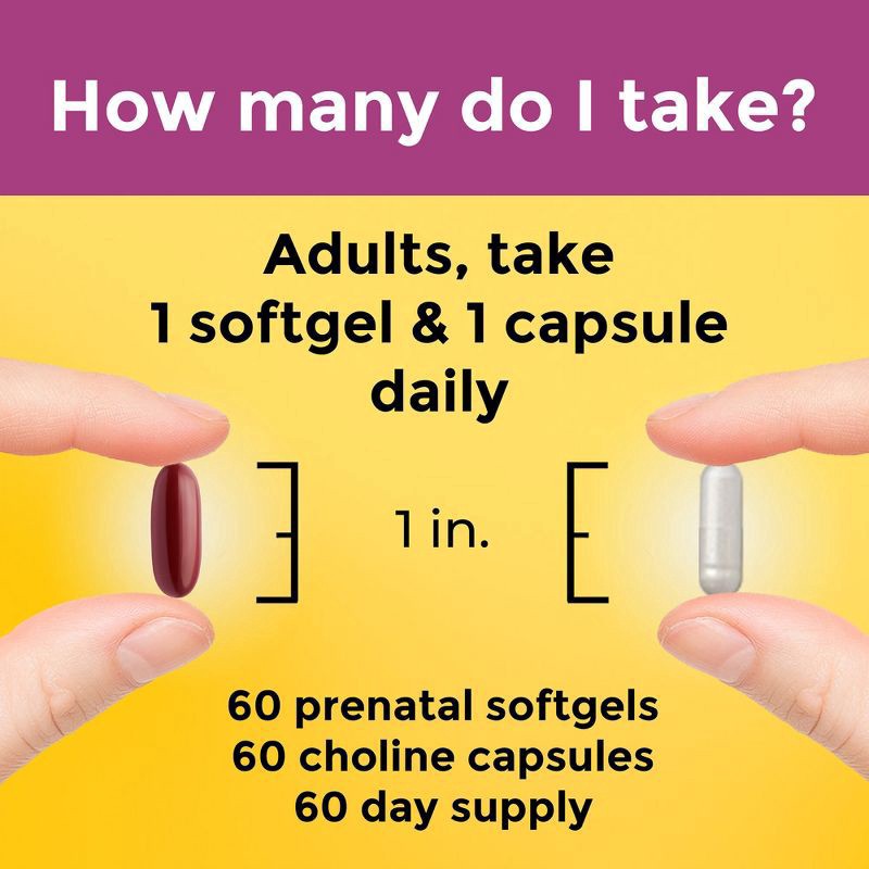 slide 8 of 9, Nature Made Prenatal Multivitamins + Choline Capsules, Folic Acid + DHA, 60 Count, 120 ct