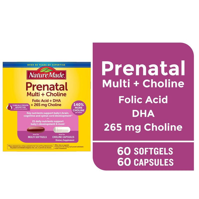 slide 6 of 9, Nature Made Prenatal Multivitamins + Choline Capsules, Folic Acid + DHA, 60 Count, 120 ct