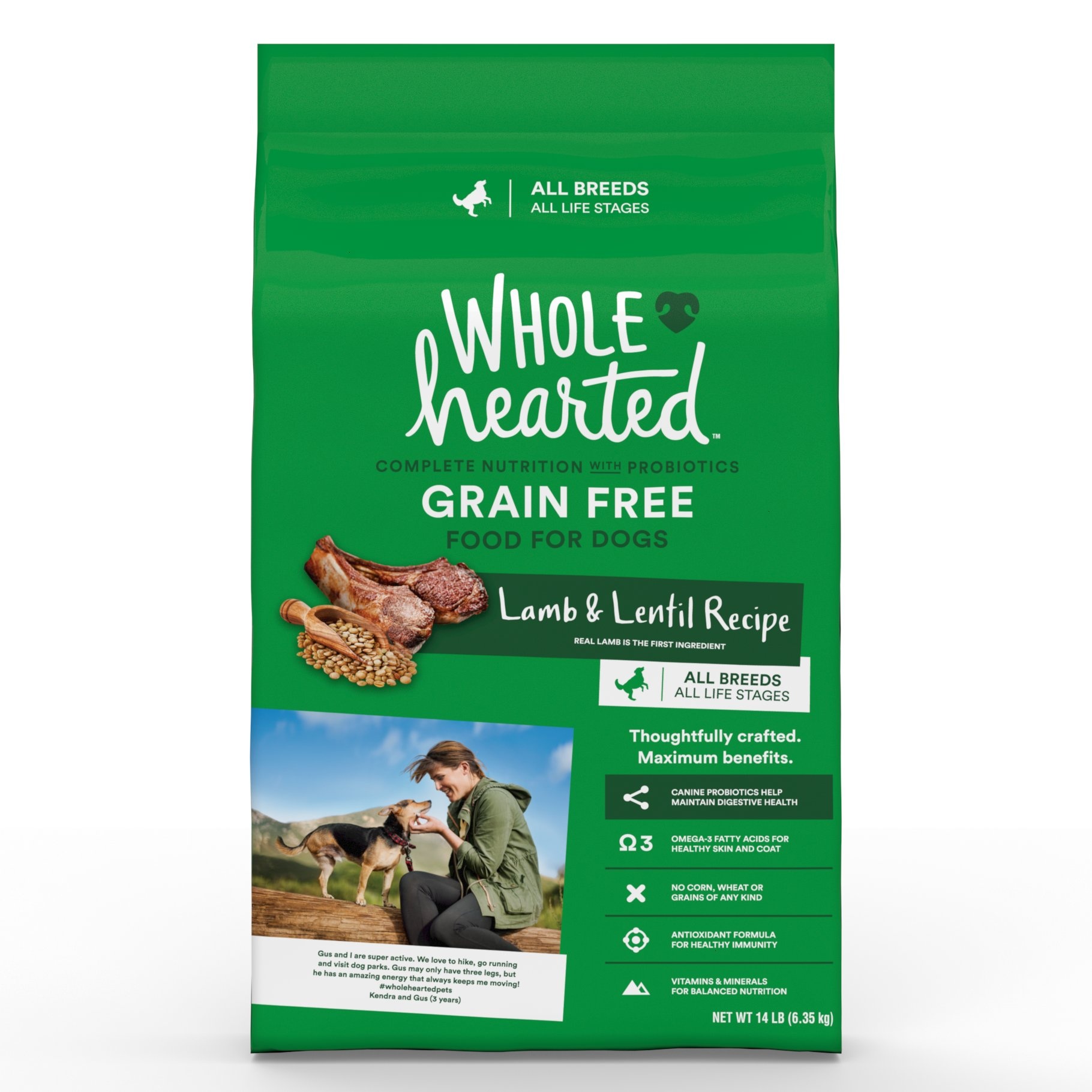 slide 1 of 1, WholeHearted Grain Free All Life Stages Lamb and Lentil Formula Dry Dog Food, 14 lb