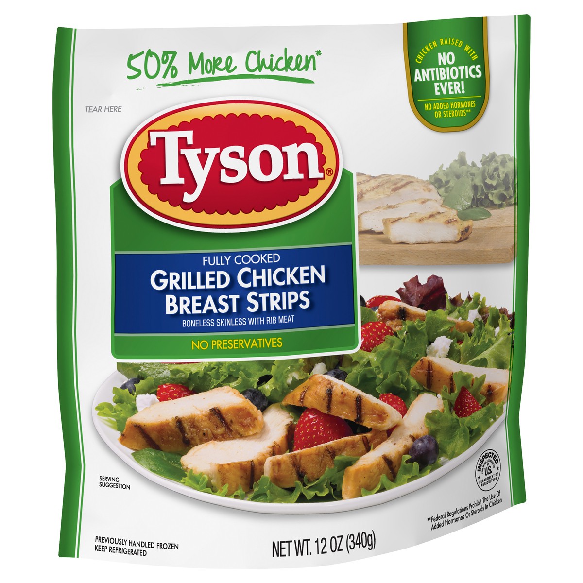 slide 4 of 4, Tyson Fully Cooked Grilled Chicken Breast Strips, B/S with Rib Meat, 340.19 g