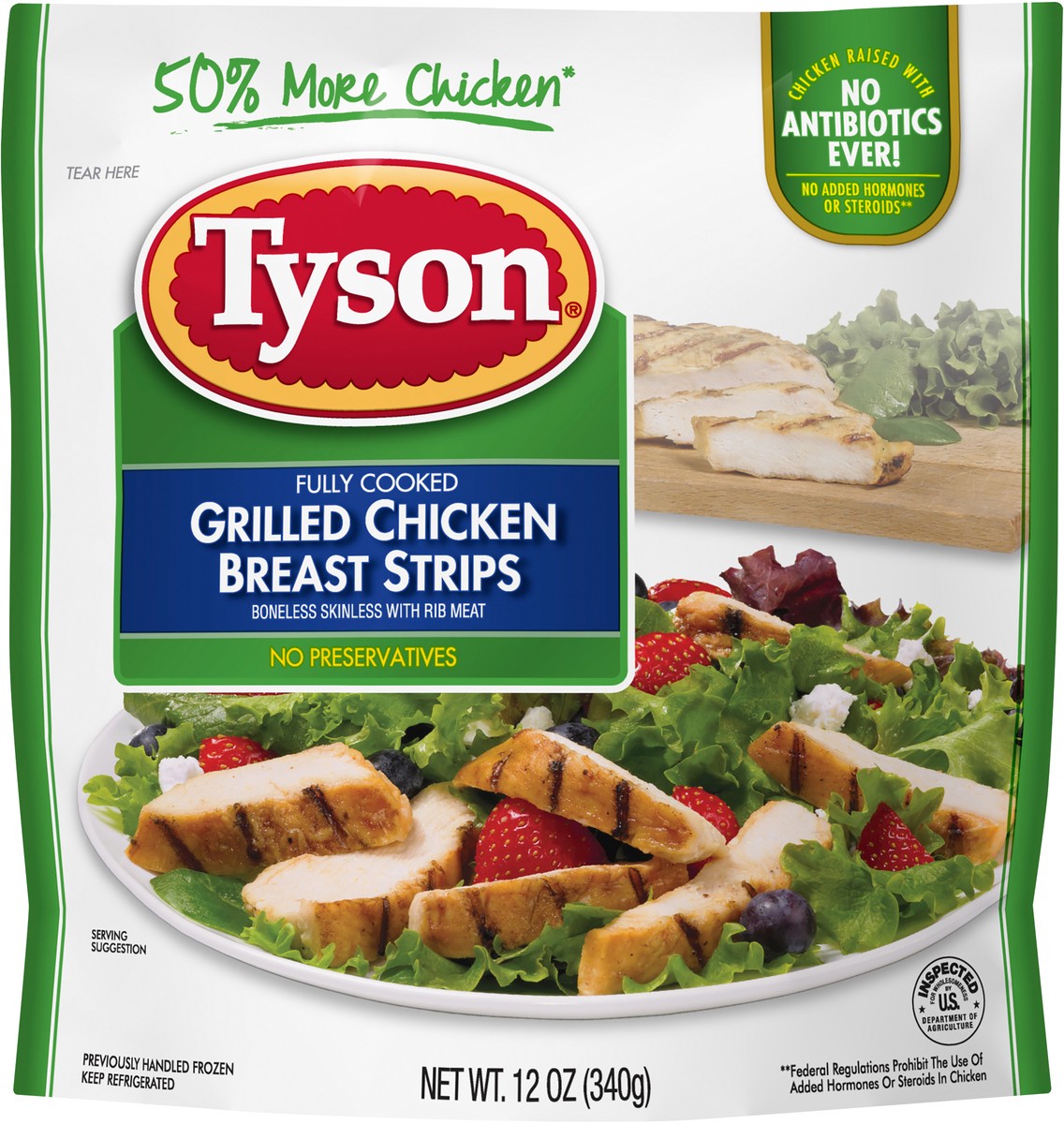 slide 3 of 4, Tyson Fully Cooked Grilled Chicken Breast Strips, B/S with Rib Meat, 340.19 g