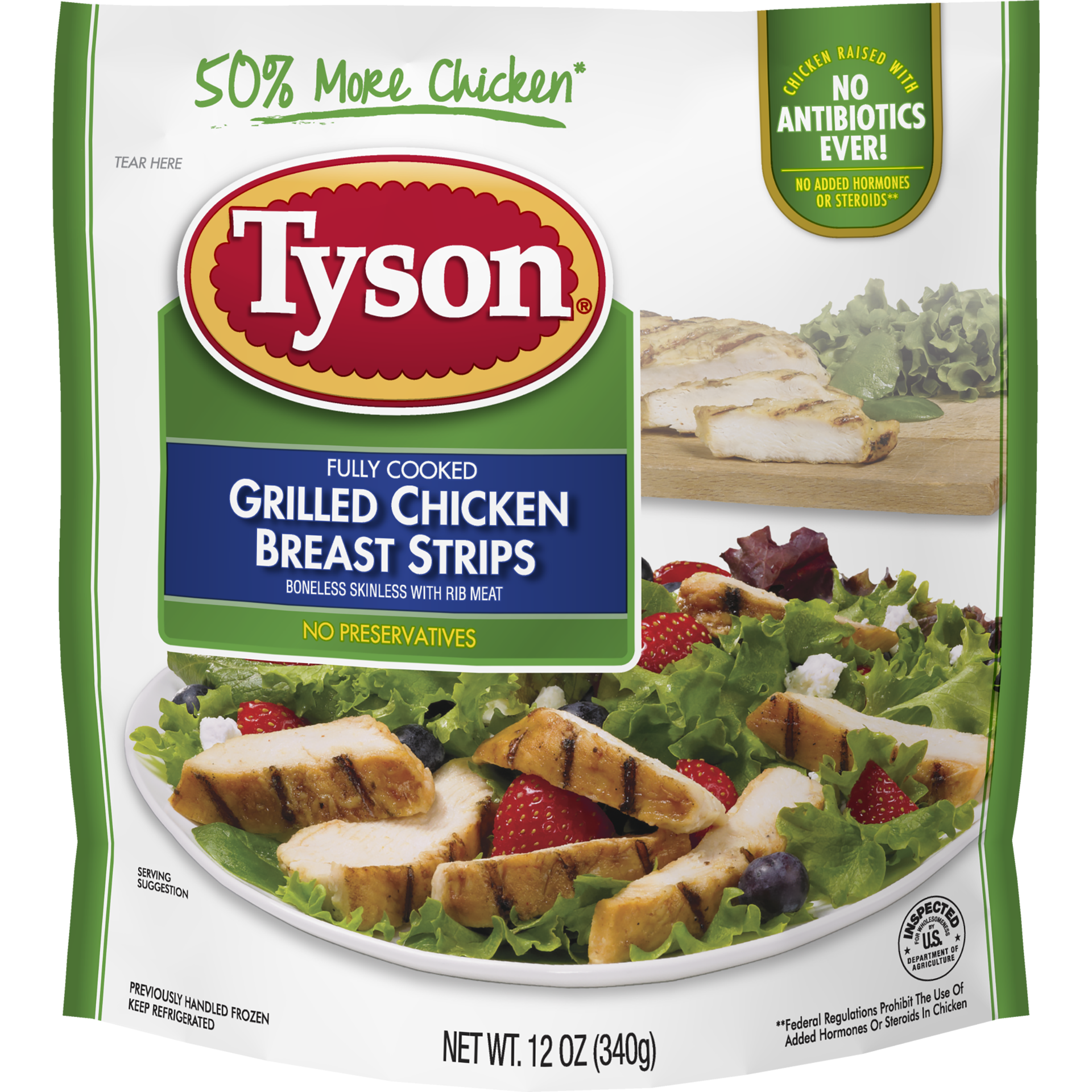 slide 1 of 4, Tyson Fully Cooked Grilled Chicken Breast Strips, B/S with Rib Meat, 340.19 g