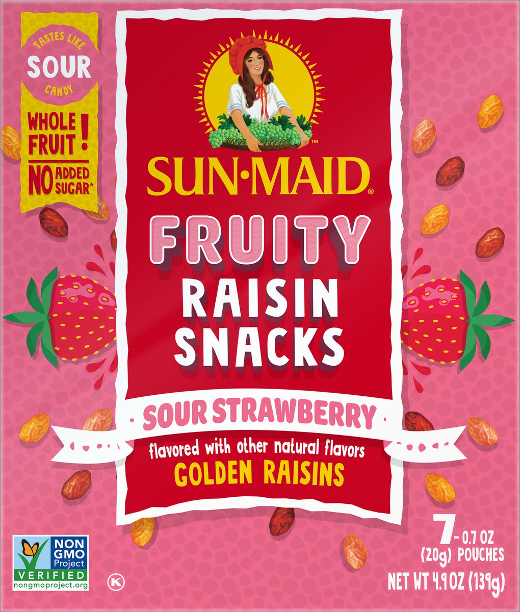 slide 5 of 8, Sun-Maid Fruity Raisin Snacks Sour Strawberry 7-Count Box/.7oz Pouches, 4.9 oz