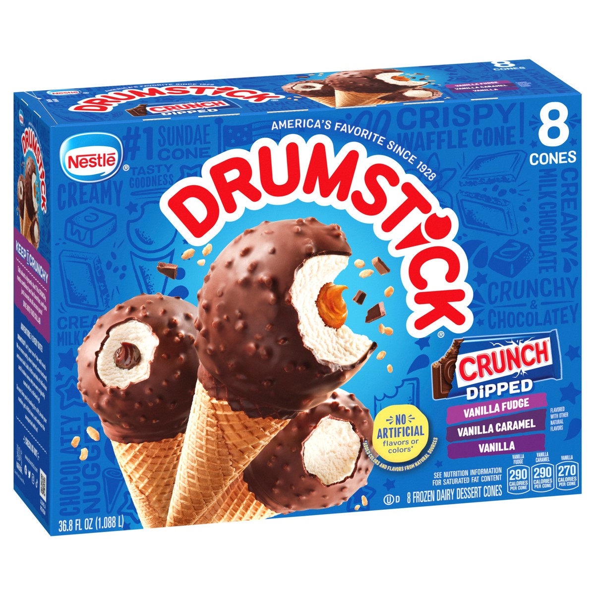 slide 4 of 9, Drumstick Crunch Dipped Vanilla, Vanilla Caramel and Vanilla Fudge Cones, 8 Count, 8 ct