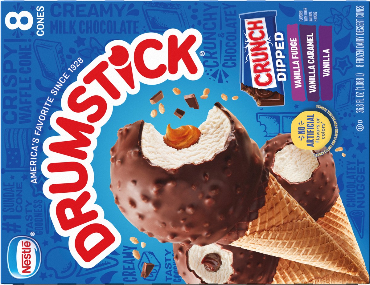 slide 9 of 9, Drumstick Crunch Dipped Vanilla, Vanilla Caramel and Vanilla Fudge Cones, 8 Count, 8 ct
