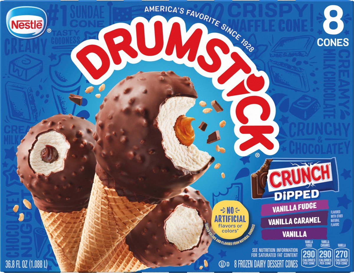 slide 2 of 9, Drumstick Crunch Dipped Vanilla, Vanilla Caramel and Vanilla Fudge Cones, 8 Count, 8 ct
