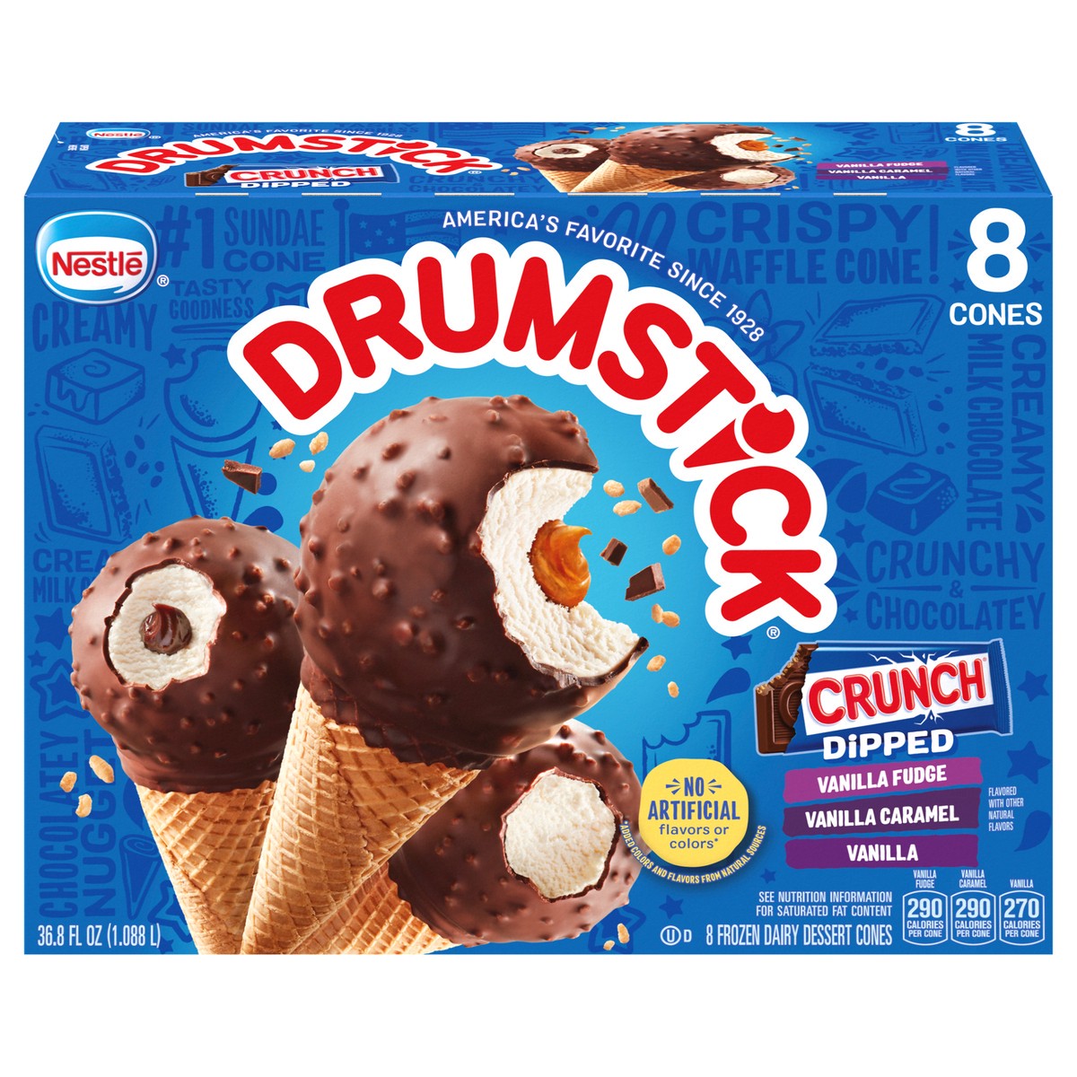 slide 1 of 9, Drumstick Crunch Dipped Vanilla, Vanilla Caramel and Vanilla Fudge Cones, 8 Count, 8 ct