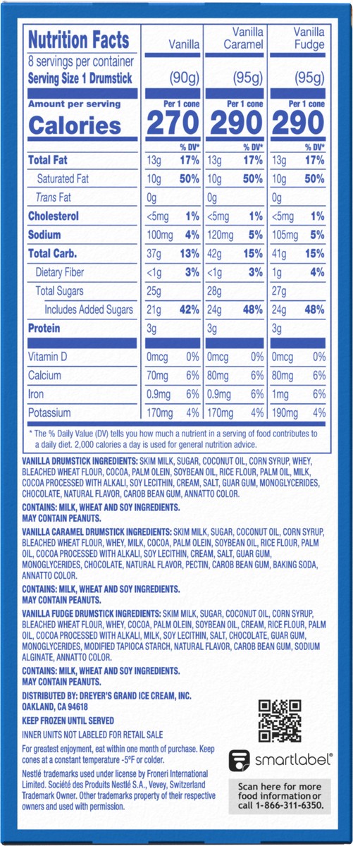 slide 6 of 9, Drumstick Crunch Dipped Vanilla, Vanilla Caramel and Vanilla Fudge Cones, 8 Count, 8 ct