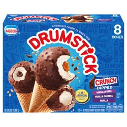 Drumstick Crunch Dipped Vanilla, Vanilla Caramel and Vanilla Fudge Cones, 8 Count