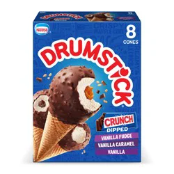 Drumstick Crunch Dipped Vanilla, Vanilla Caramel and Vanilla Fudge Cones, 8 Count