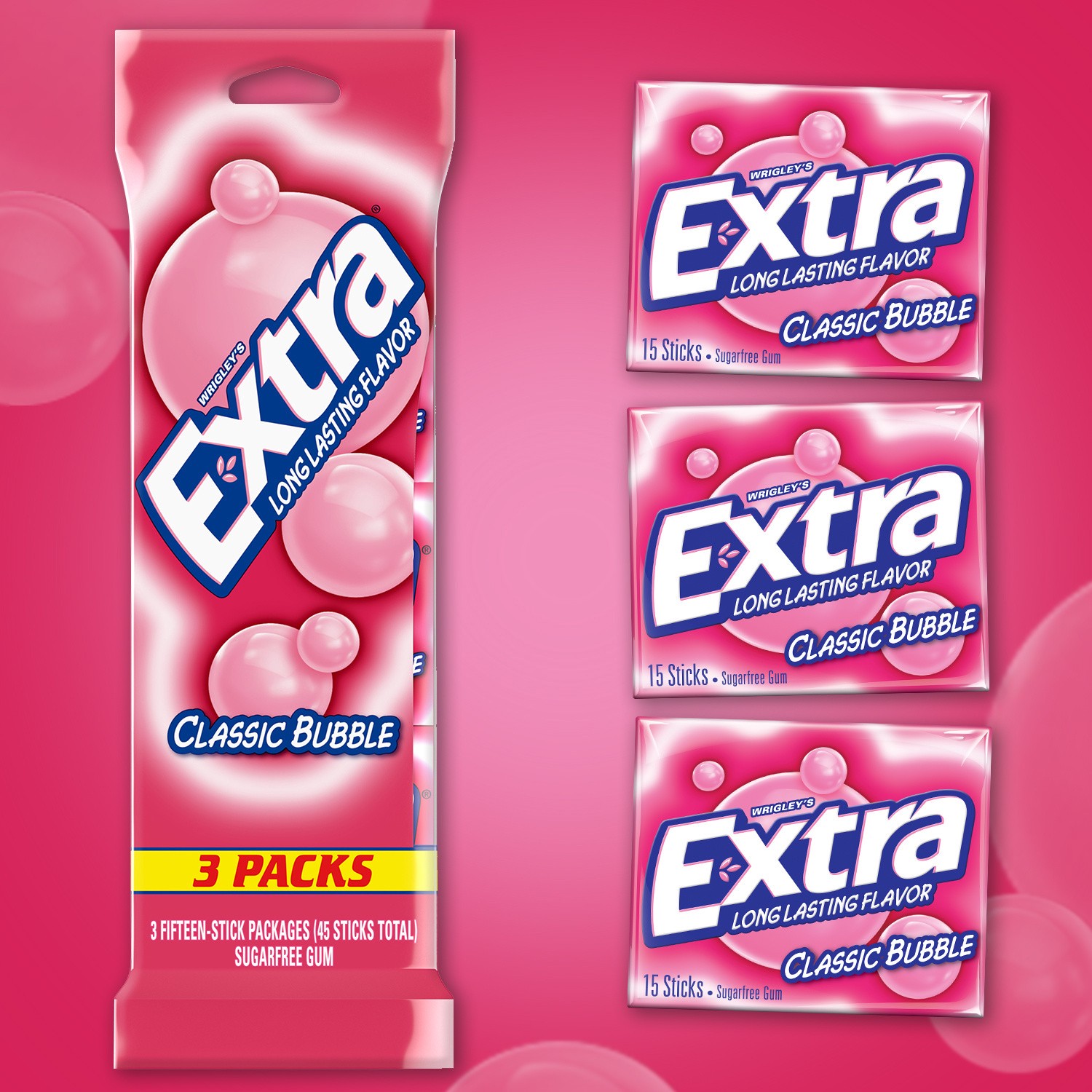 slide 8 of 8, EXTRA Classic Bubble Sugar Free Chewing Gum, 15 ct (3 Pack), 3 ct