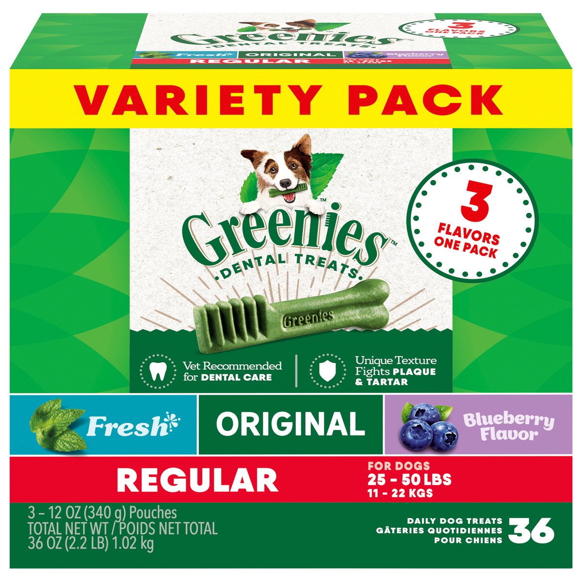 slide 1 of 3, Greenies Regular Dental Daily Dog Treats Variety Pack 3 - 12 oz Pouches, 