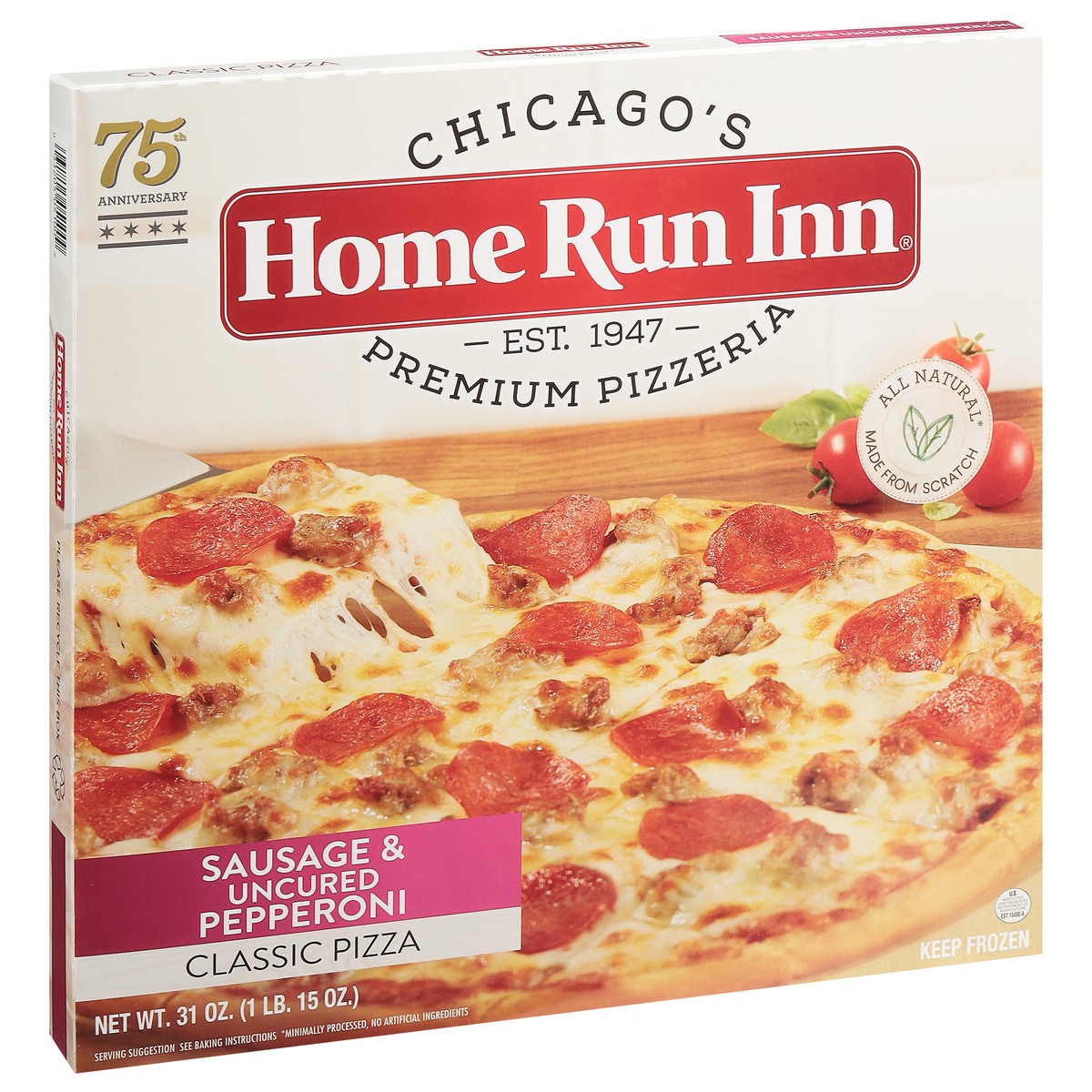 slide 2 of 9, Home Run Inn Family Size Classic Frozen Sausage and Uncured Pepperoni Pizza, 31 oz, 31 oz