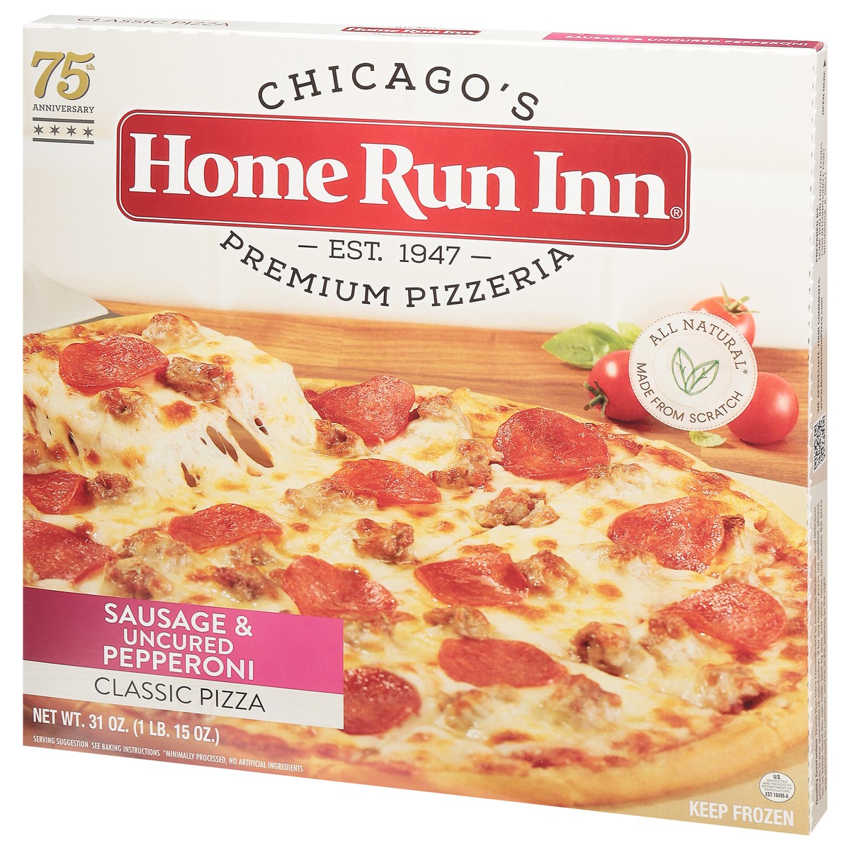 slide 3 of 9, Home Run Inn Family Size Classic Frozen Sausage and Uncured Pepperoni Pizza, 31 oz, 31 oz