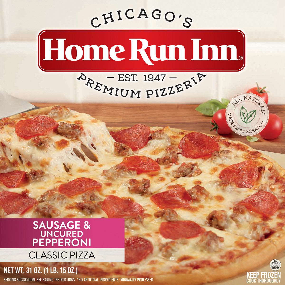 slide 6 of 9, Home Run Inn Family Size Classic Frozen Sausage and Uncured Pepperoni Pizza, 31 oz, 31 oz