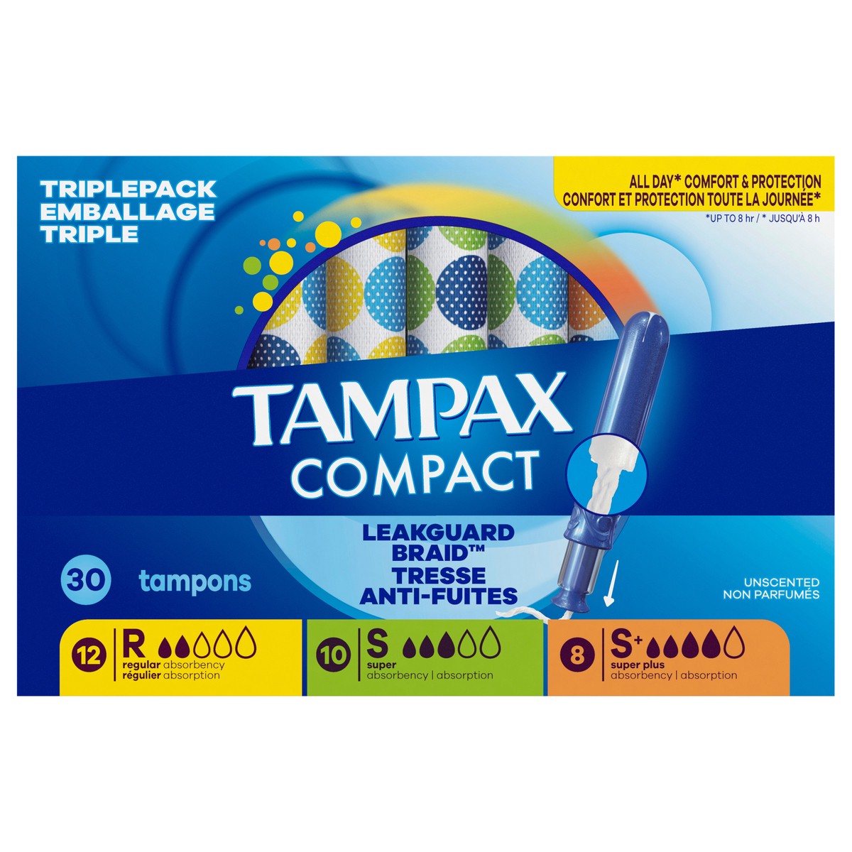 slide 1 of 7, Tampax Compact Pearl Tampons Multipack, with LeakGuard Braid & Extendable Applicator, Regular/Super/Plus Absorbency, Compact Extendable Applicator, Unscented, 30 Count, 30 ct