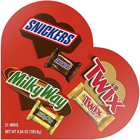 slide 1 of 1, Wrigley SNICKERS, TWIX & MILKY WAY Valentine's Day Chocolate Candy Heart-Shaped, 21 Ct Gift Box, 6.84 oz