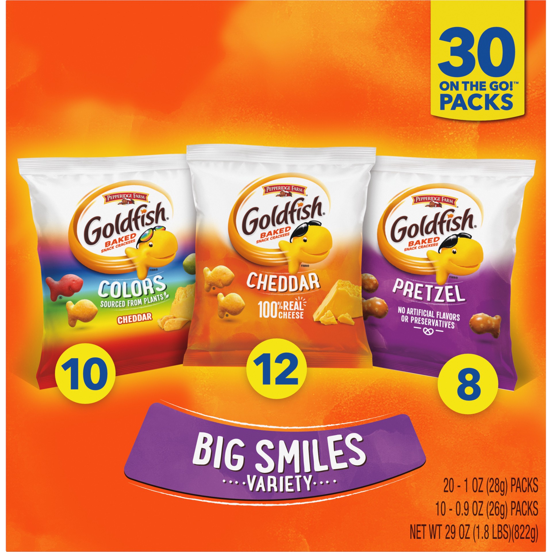 slide 2 of 5, Pepperidge Farm Goldfish Crackers Big Smiles Variety Pack with Cheddar, Colors, and Pretzels, Snack Packs, 30 Ct, 30 ct