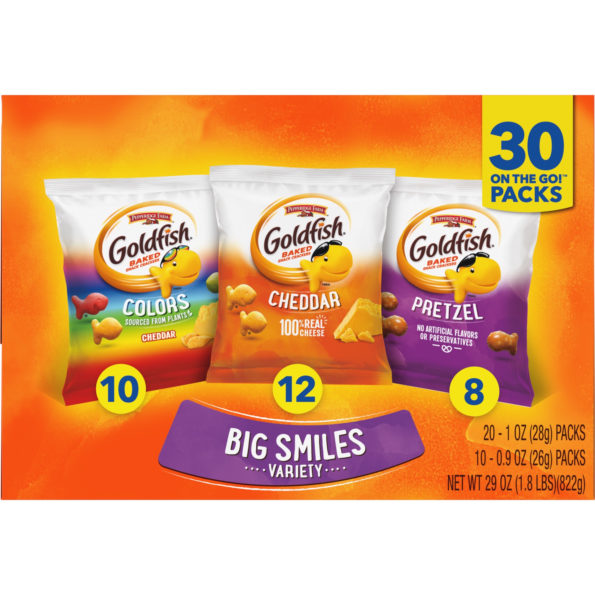 slide 3 of 5, Pepperidge Farm Goldfish Crackers Big Smiles Variety Pack with Cheddar, Colors, and Pretzels, Snack Packs, 30 Ct, 30 ct