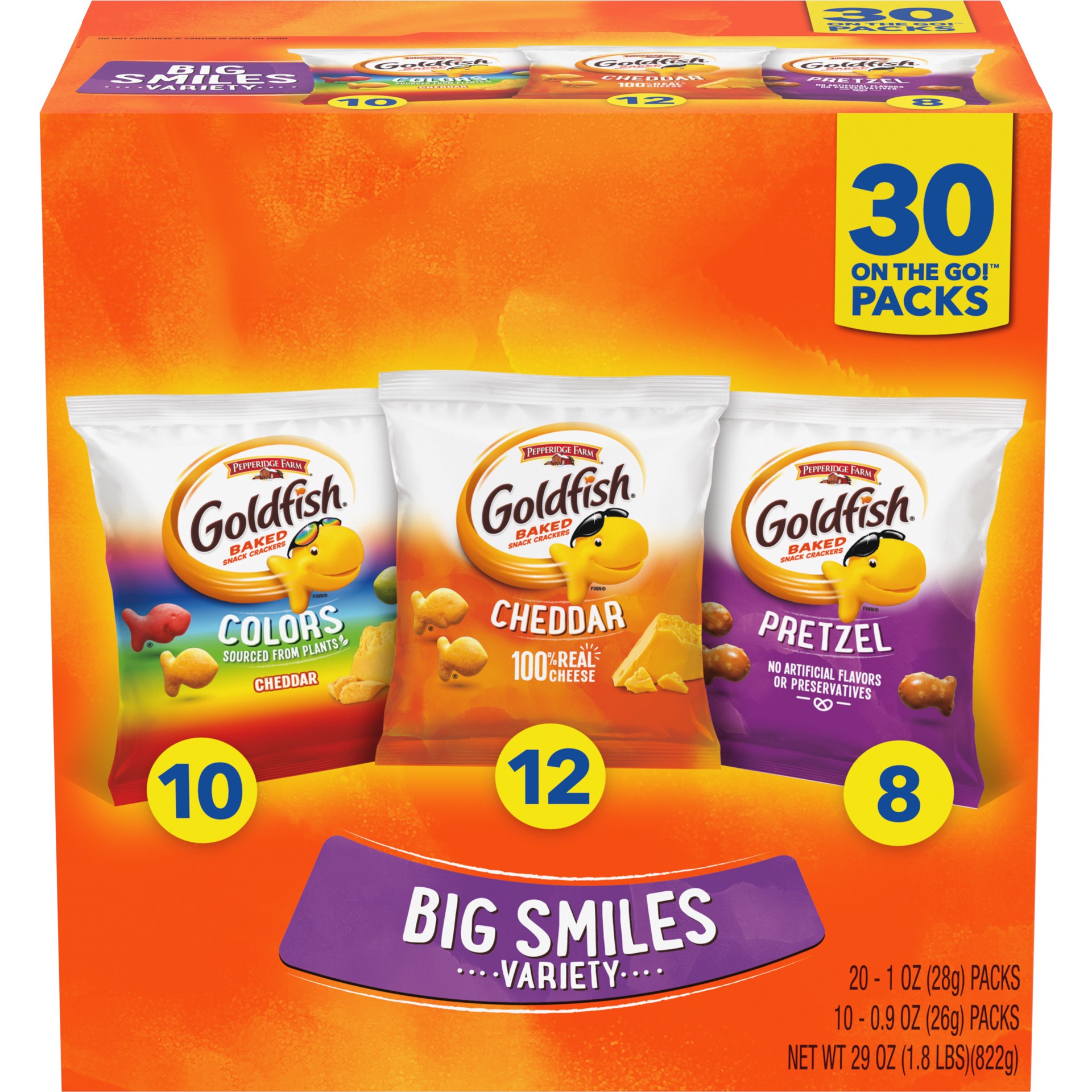 slide 1 of 5, Goldfish Crackers Big Smiles Variety Pack with Cheddar, Colors, and Pretzels, Snack Packs, 30 Ct, 30 ct