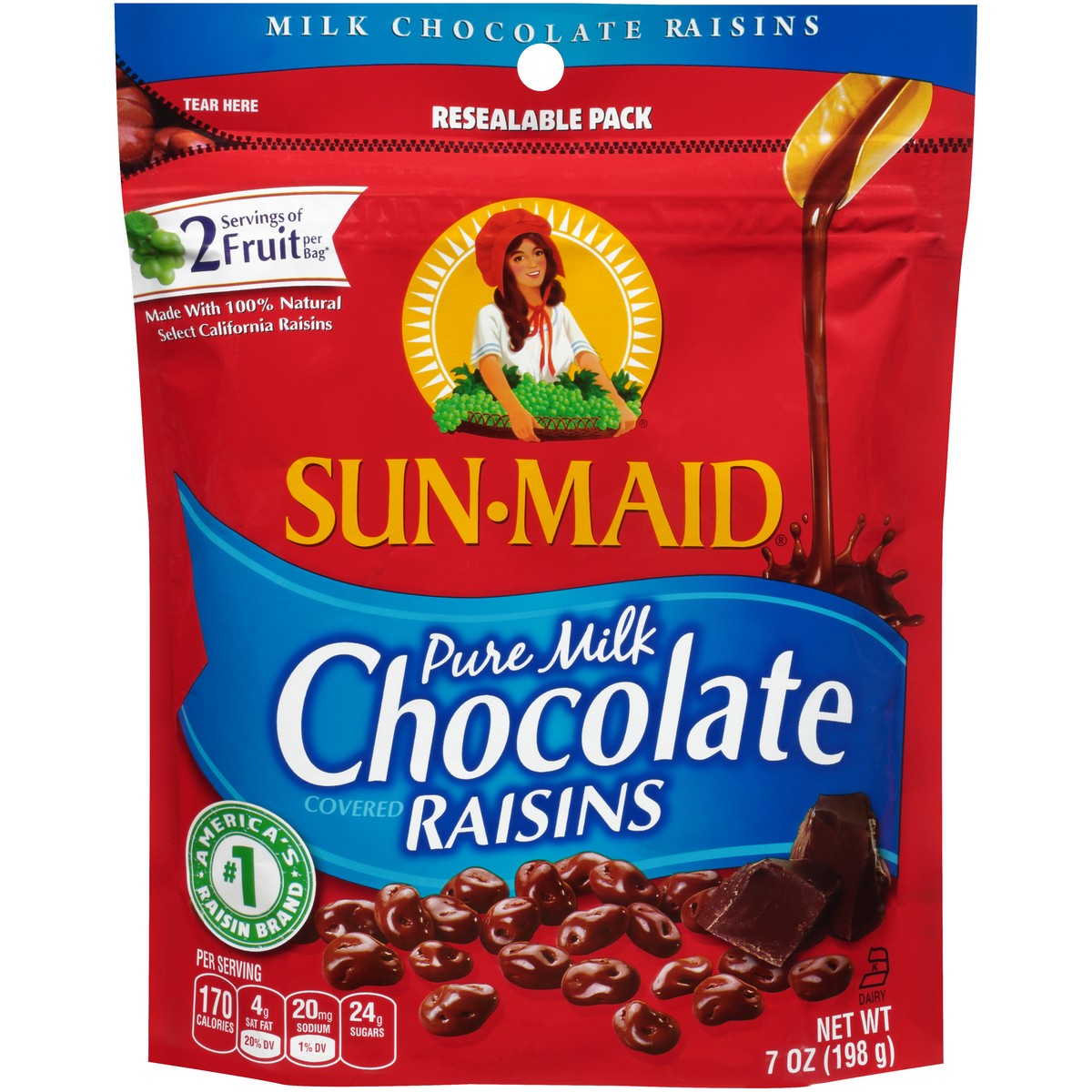 slide 1 of 1, Sun-Maid Pure Milk Chocolate Covered Raisins, 7 oz