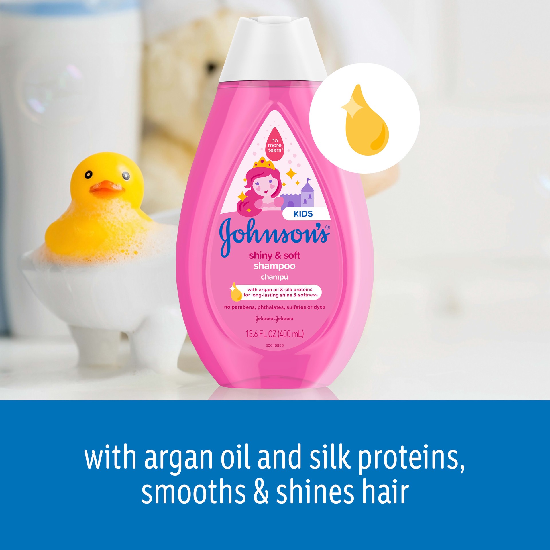 slide 6 of 10, Johnson's Shiny & Soft Tear-Free Kids' Shampoo with Argan Oil & Silk Proteins, Paraben-, Sulfate- & Dye-Free Formula, Hypoallergenic & Gentle for Toddler's Hair, 13.6 fl. oz, 400 ml